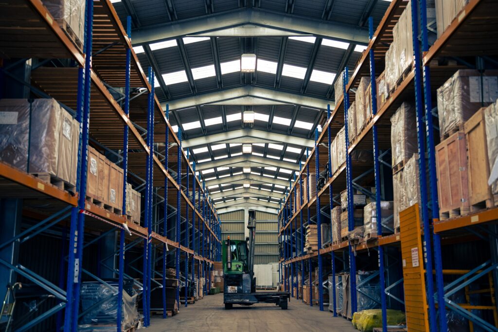 Racked storage inside the IM Export Services warehouse.