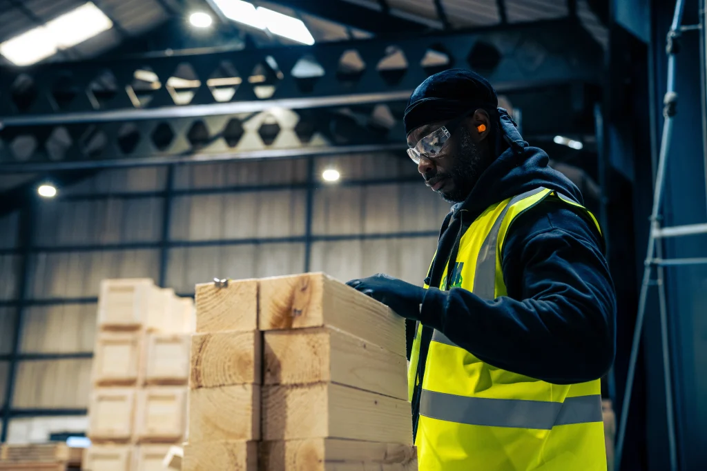 IM Export Services team member inspecting timber export packaging in warehouse.
