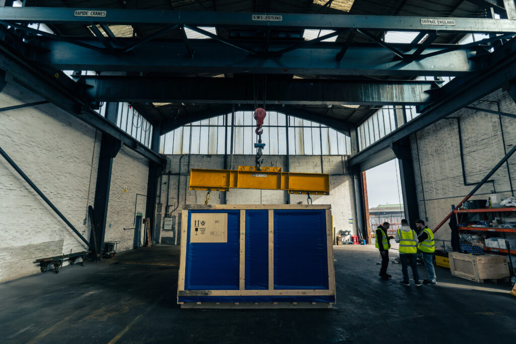 Lifting a heavy duty crate at IM Export Services